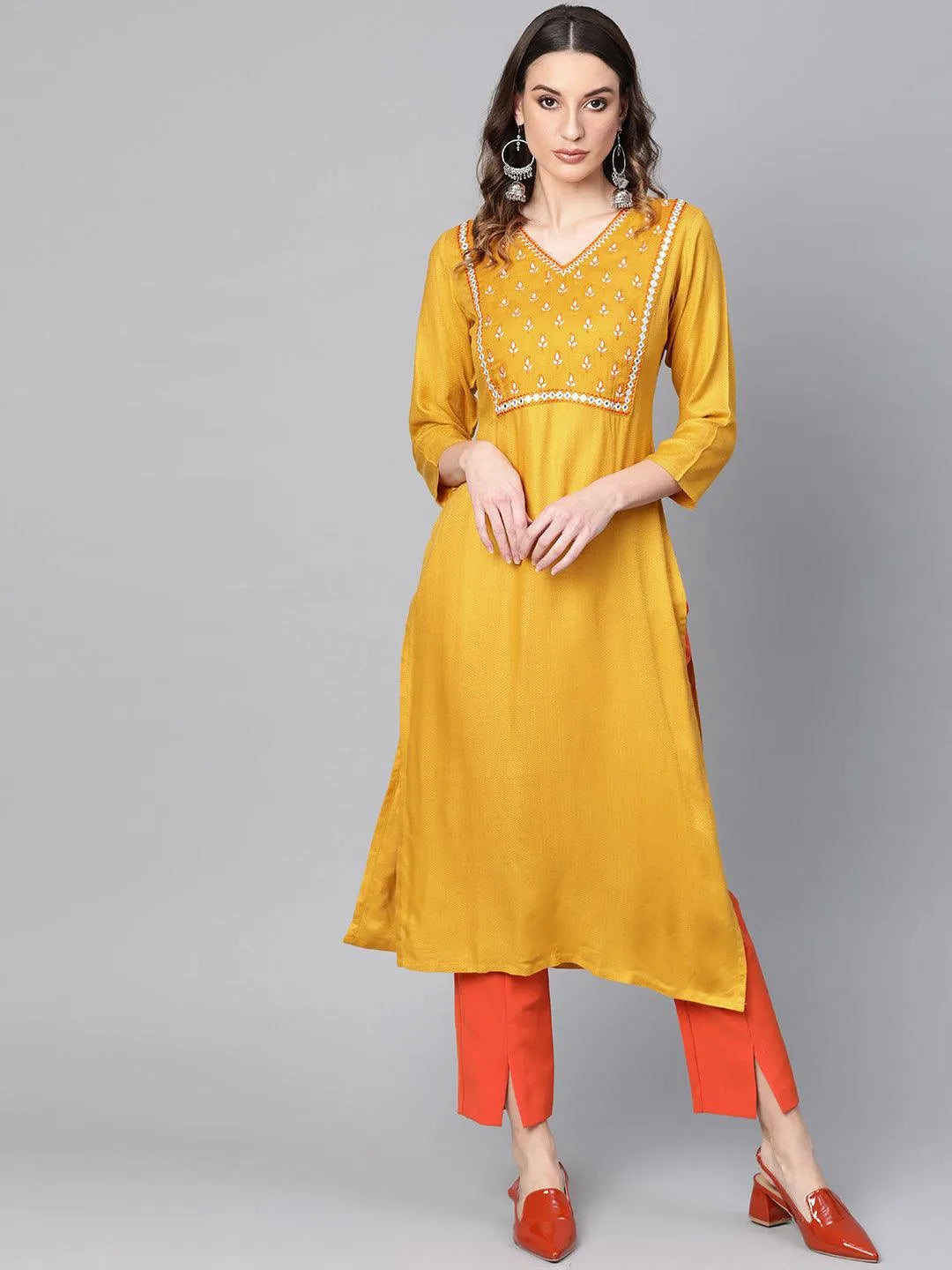 Yellow Printed Rayon Kurta - Libas