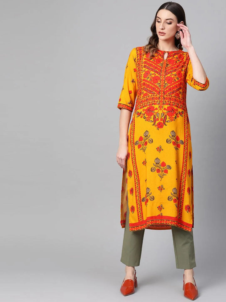 Yellow Printed Rayon Kurta - Libas