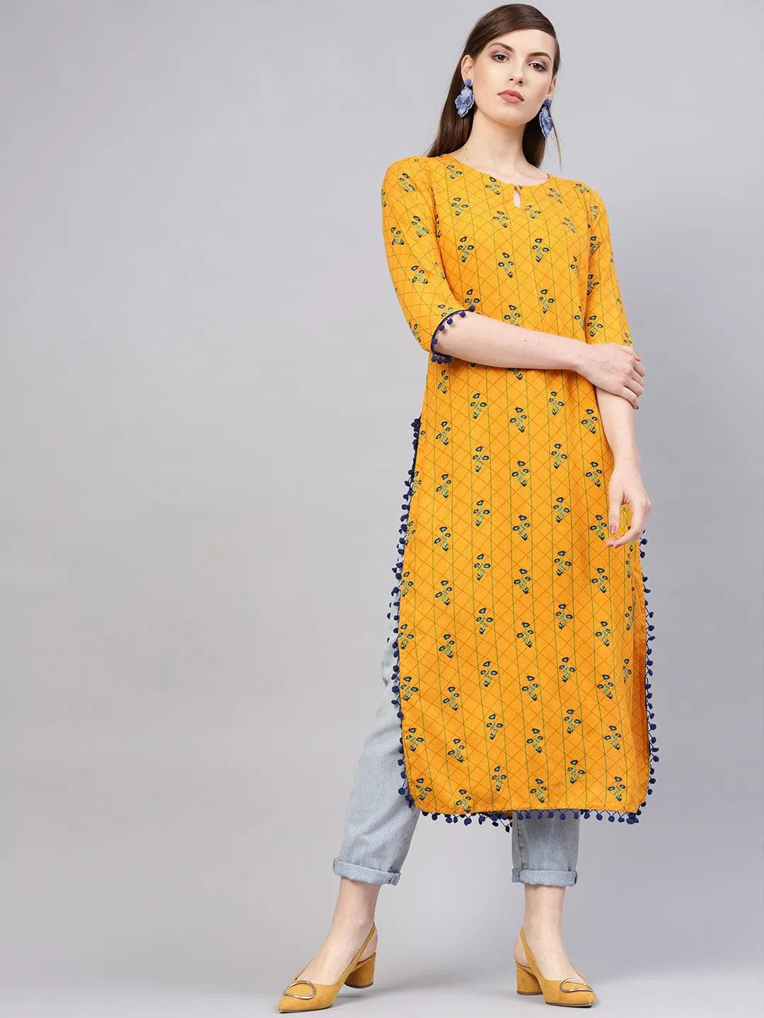 Yellow Printed Rayon Kurta - Libas