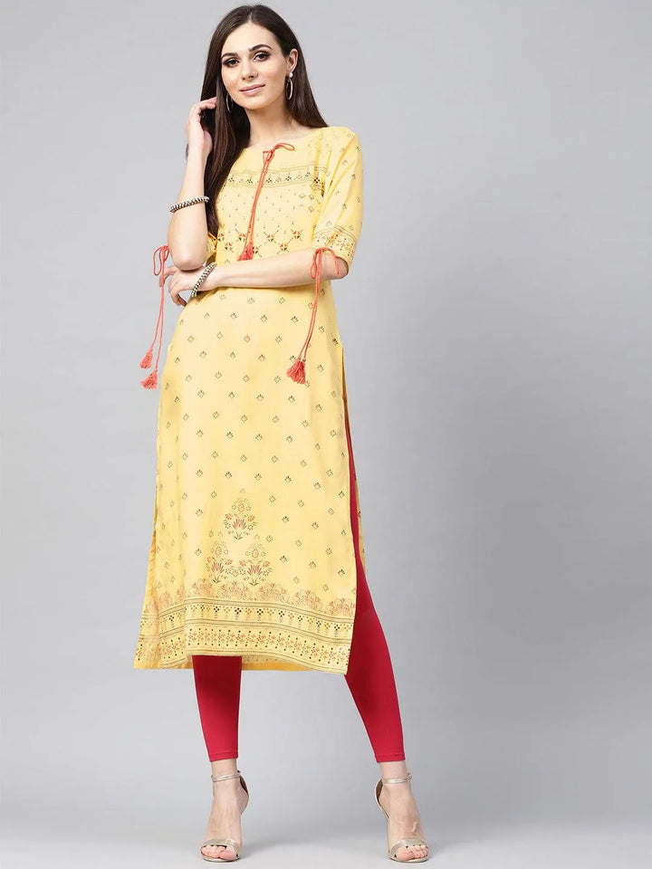 Yellow Printed Rayon Kurta - Libas