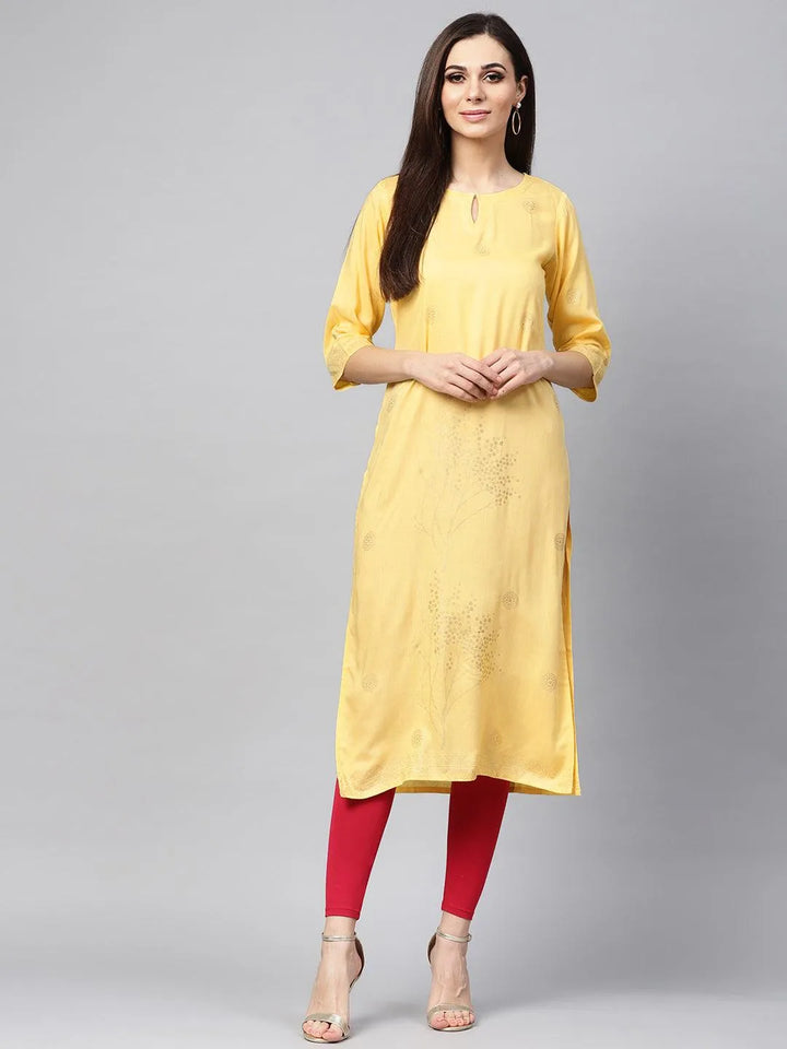 Yellow Printed Rayon Kurta - Libas