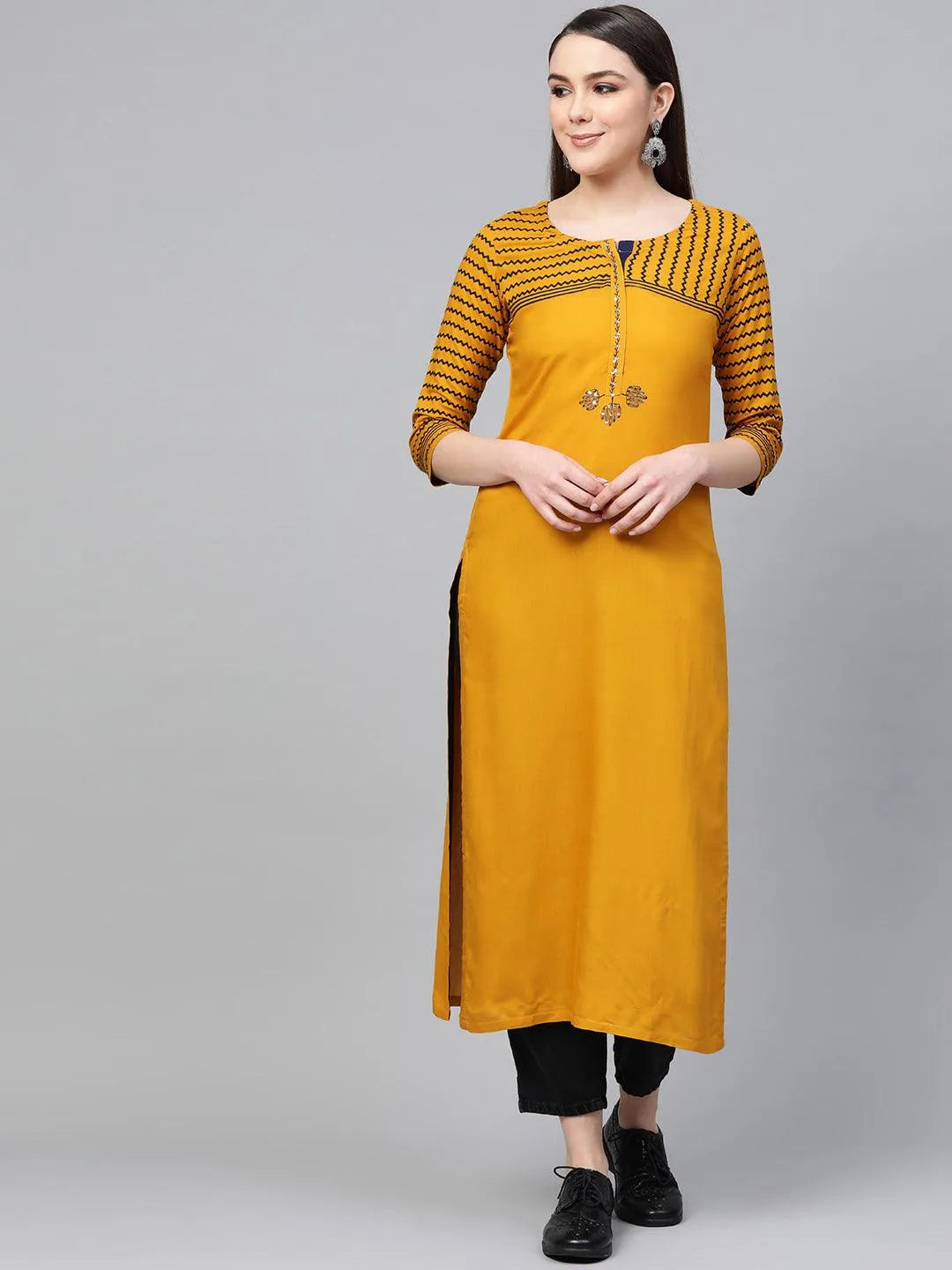 Yellow Printed Rayon Kurta - Libas