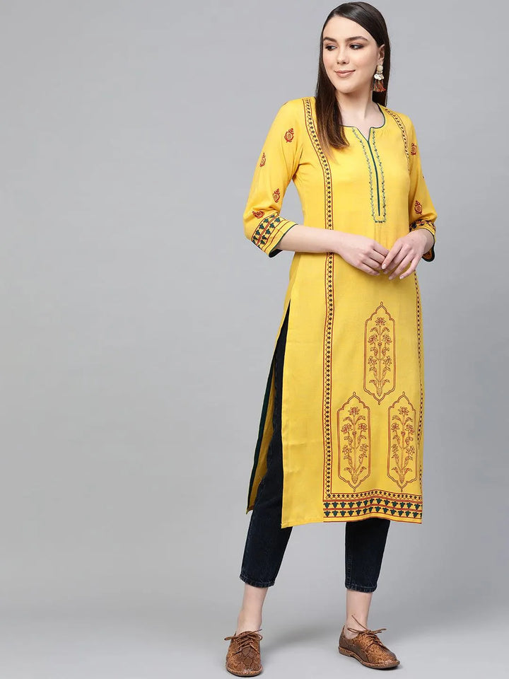 Yellow Printed Rayon Kurta - Libas