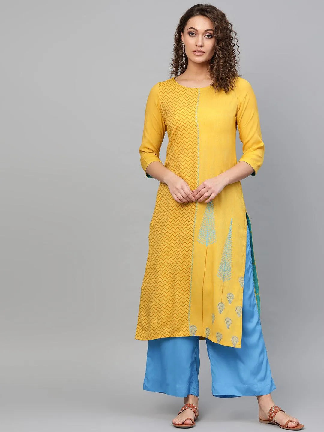 Yellow Printed Rayon Kurta - Libas