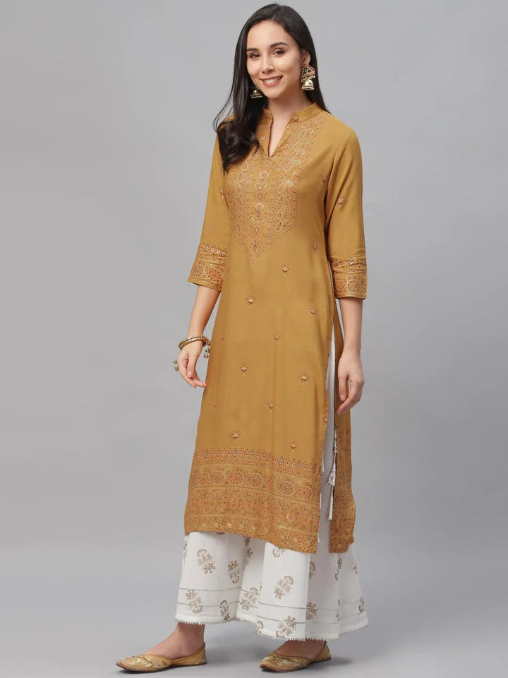 Yellow Printed Rayon Kurta - Libas