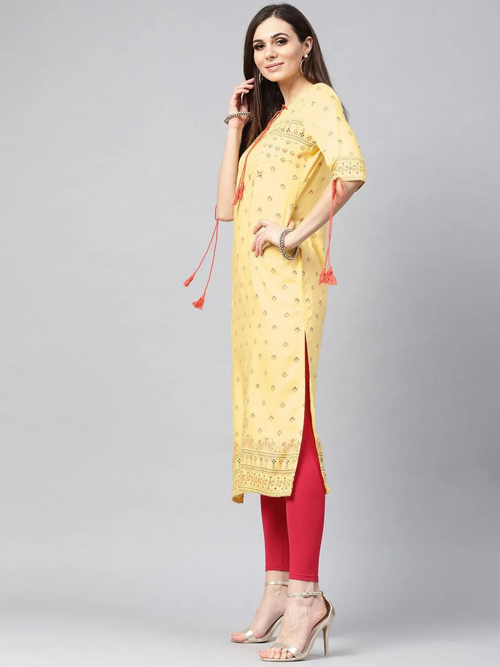 Yellow Printed Rayon Kurta - Libas