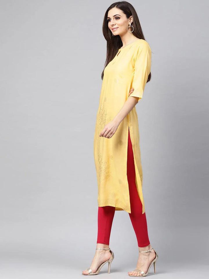 Yellow Printed Rayon Kurta - Libas