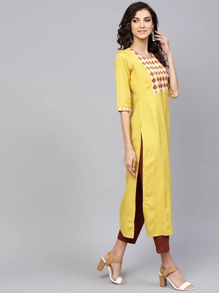 Yellow Printed Rayon Kurta - Libas