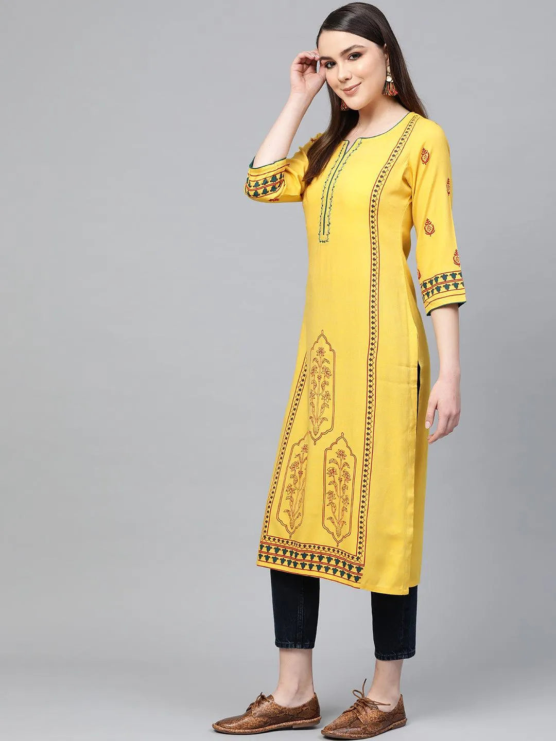 Yellow Printed Rayon Kurta - Libas