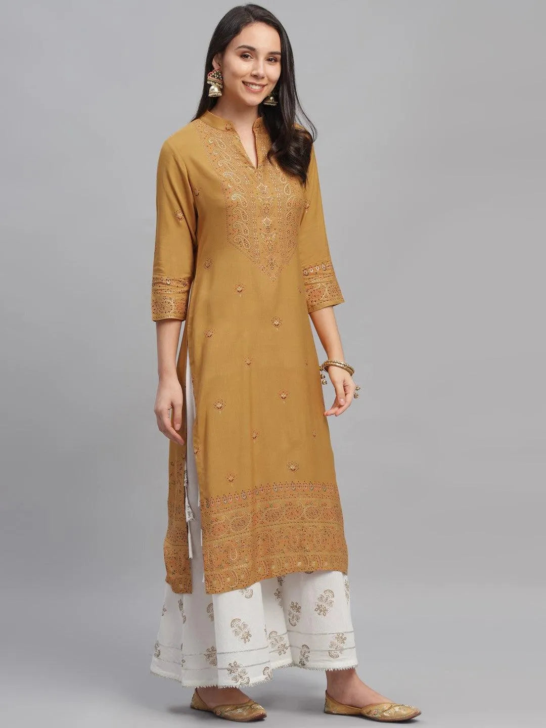 Yellow Printed Rayon Kurta - Libas