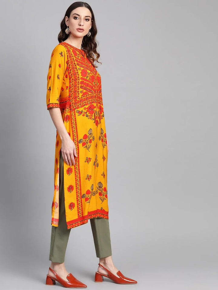 Yellow Printed Rayon Kurta - Libas