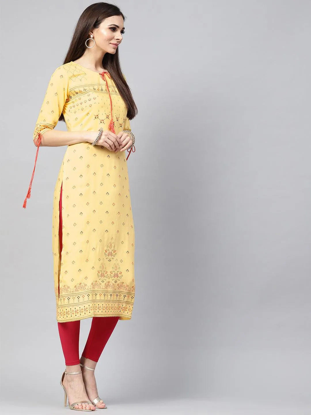 Yellow Printed Rayon Kurta - Libas