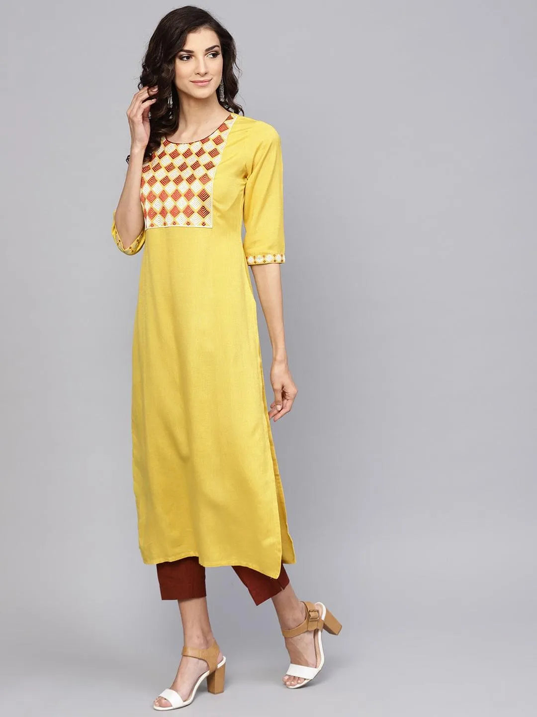 Yellow Printed Rayon Kurta - Libas