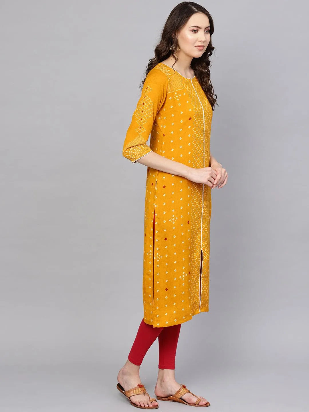 Yellow Printed Rayon Kurta - Libas