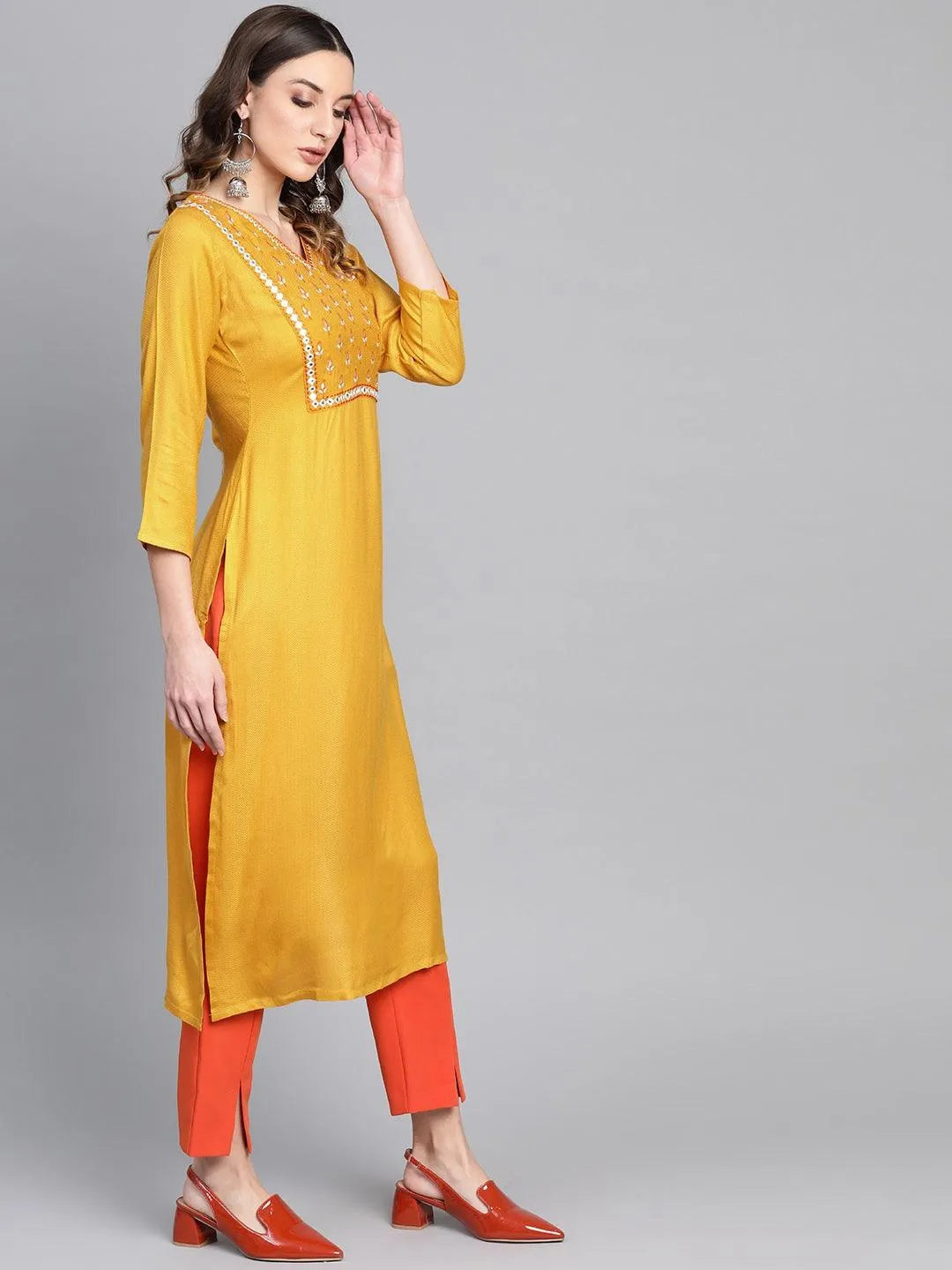 Yellow Printed Rayon Kurta - Libas