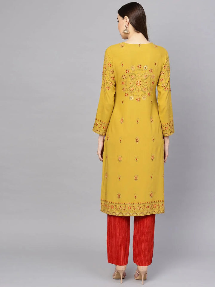 Yellow Printed Rayon Kurta - Libas