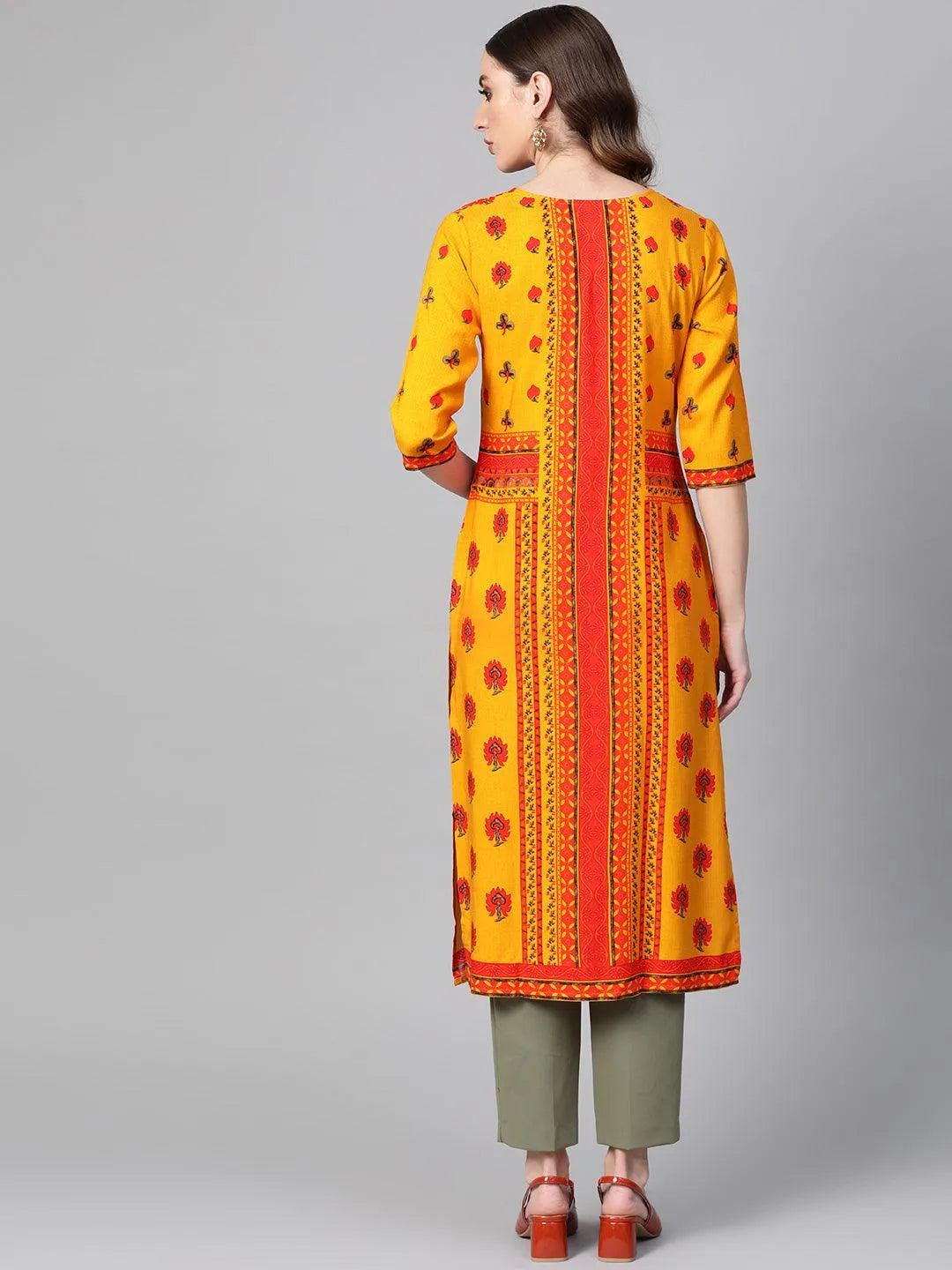 Yellow Printed Rayon Kurta - Libas