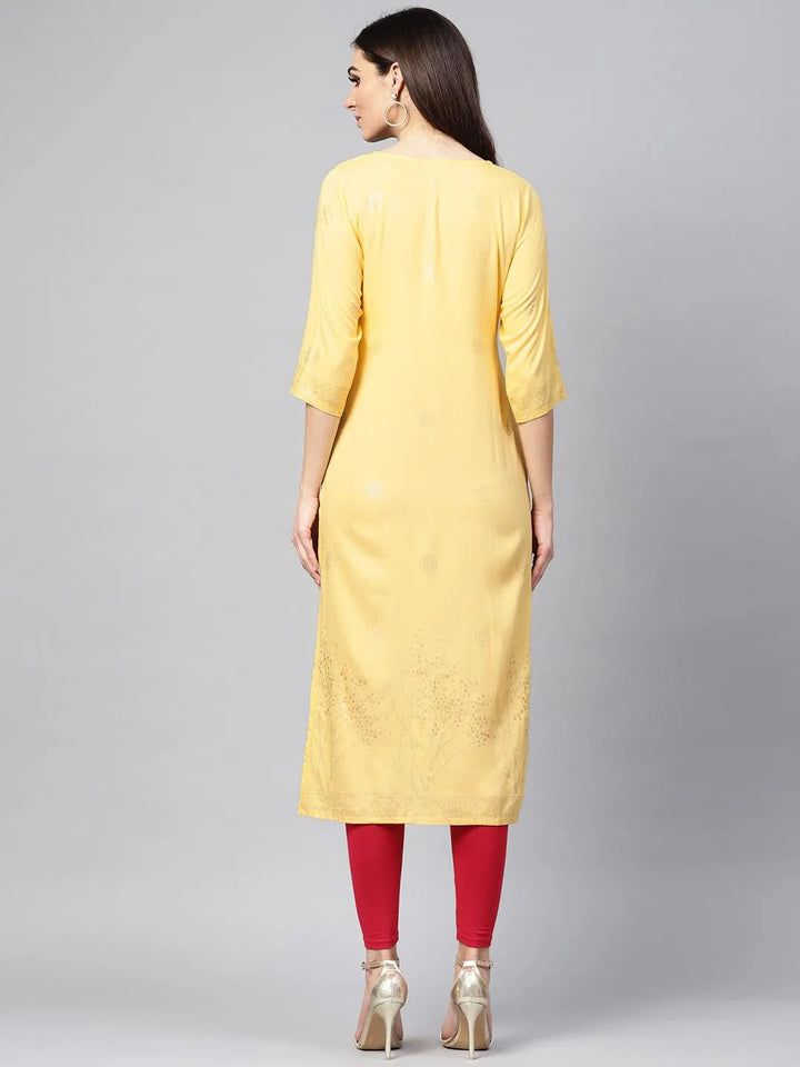 Yellow Printed Rayon Kurta - Libas