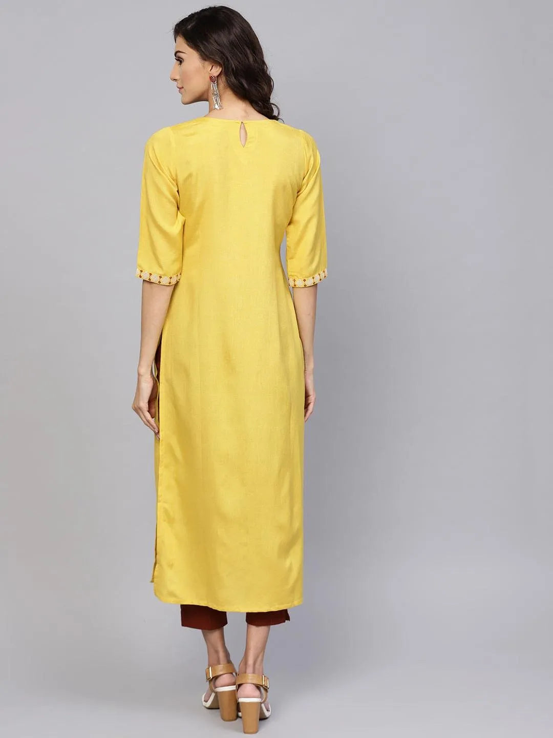 Yellow Printed Rayon Kurta - Libas