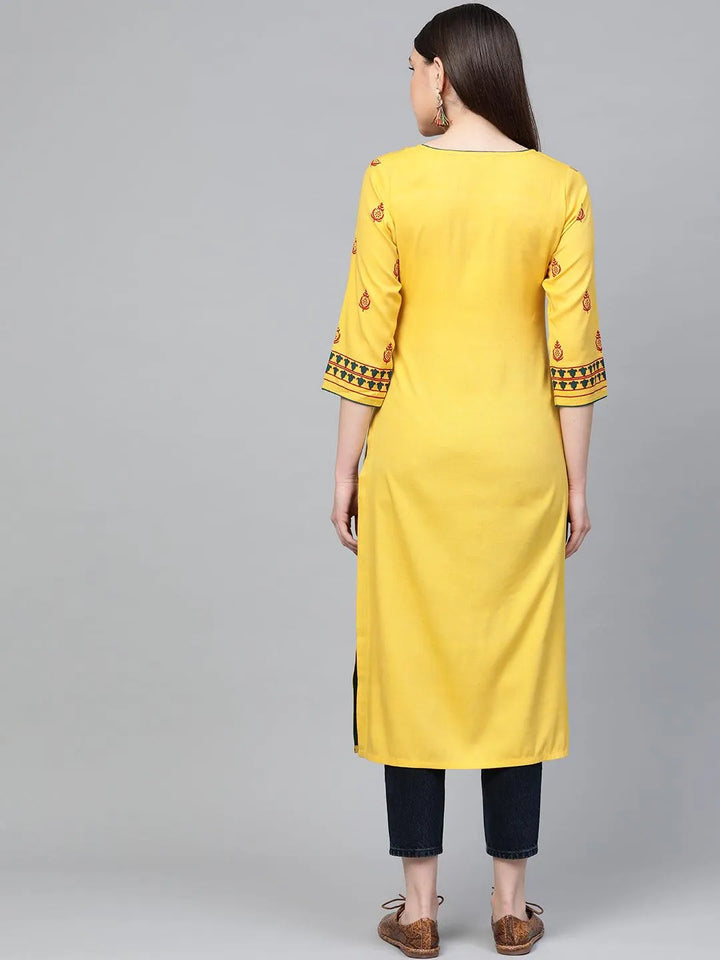 Yellow Printed Rayon Kurta - Libas