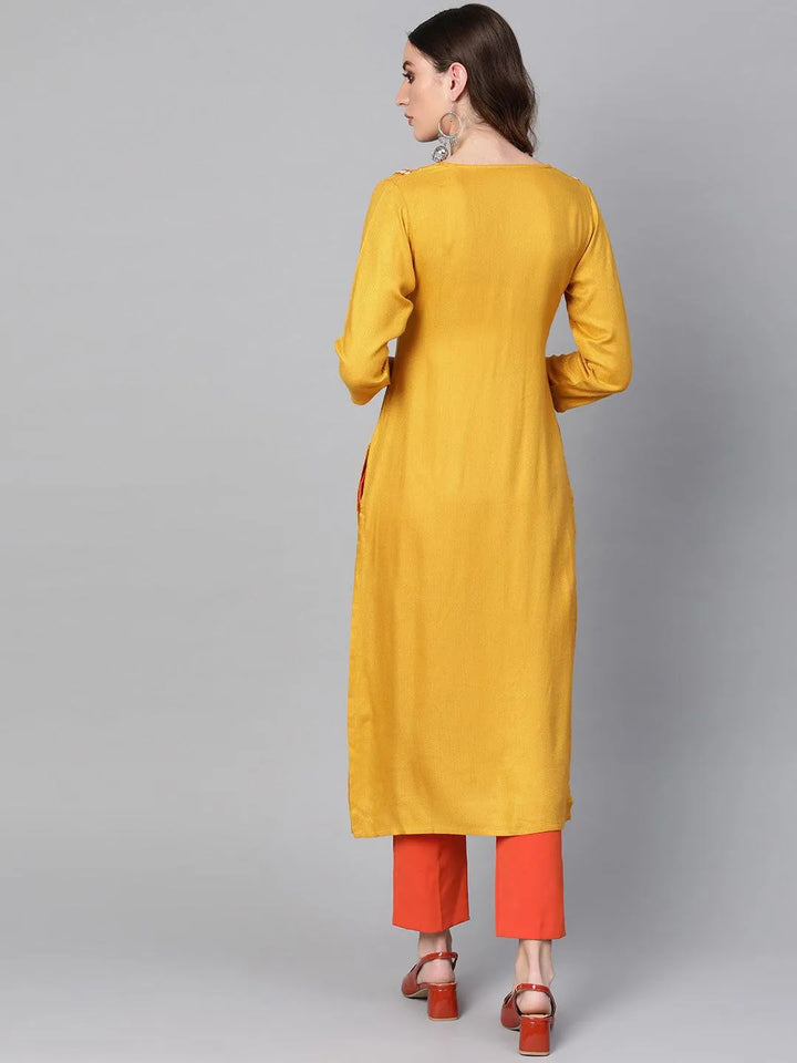 Yellow Printed Rayon Kurta - Libas