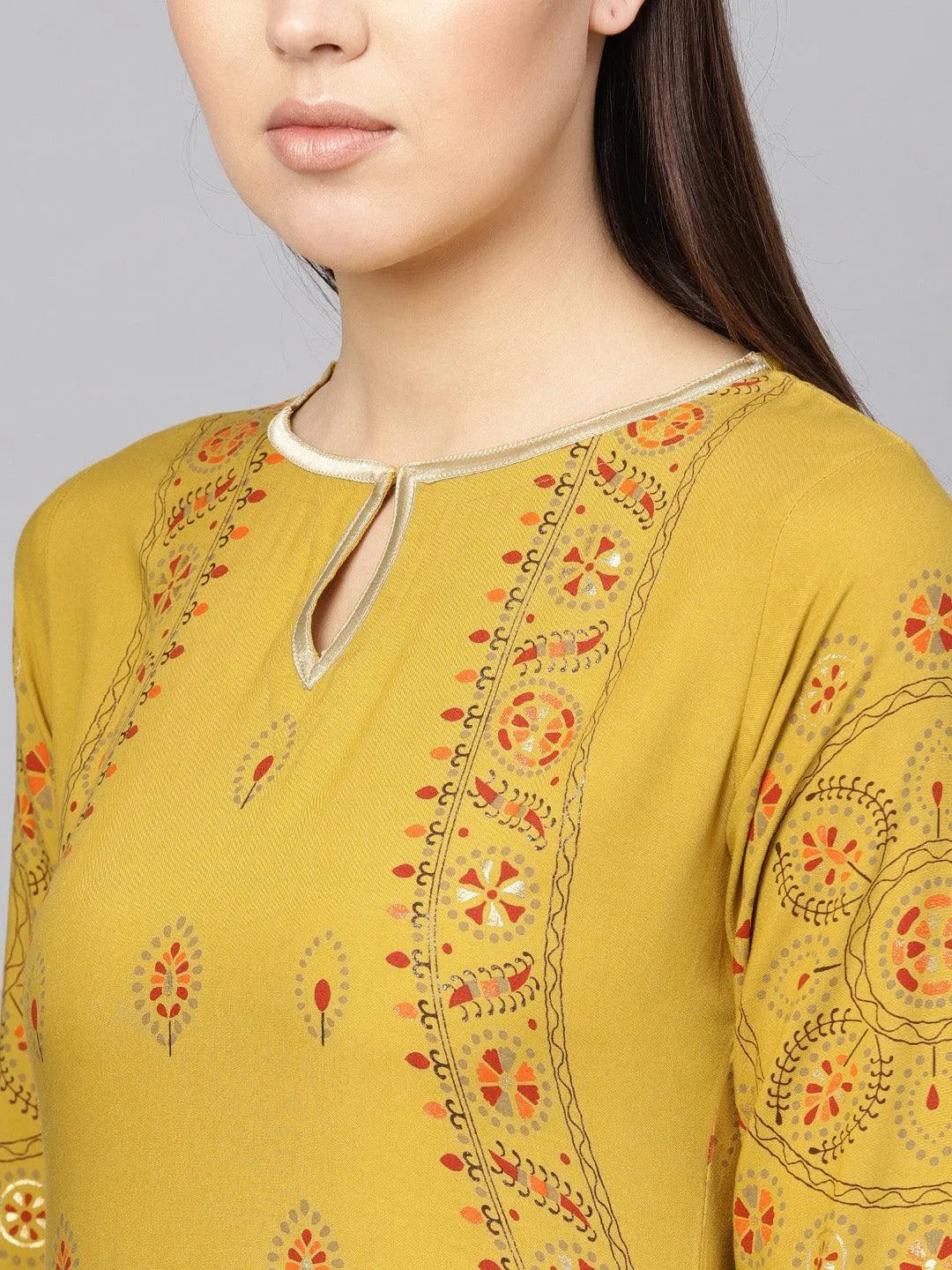 Yellow Printed Rayon Kurta - Libas