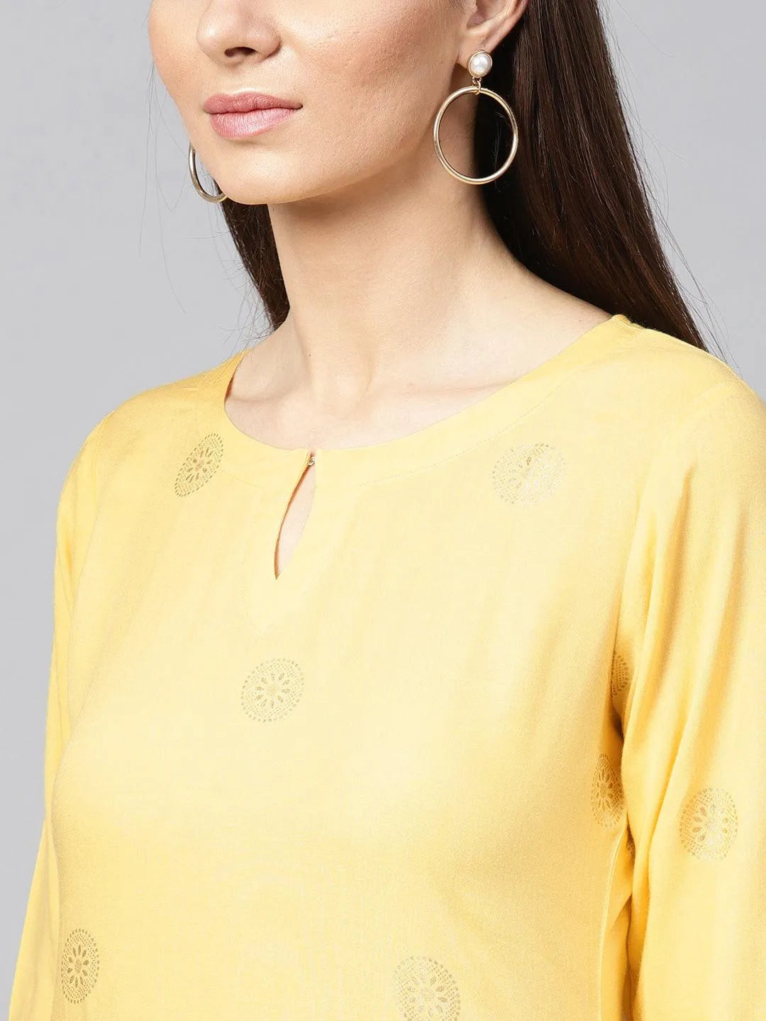 Yellow Printed Rayon Kurta - Libas