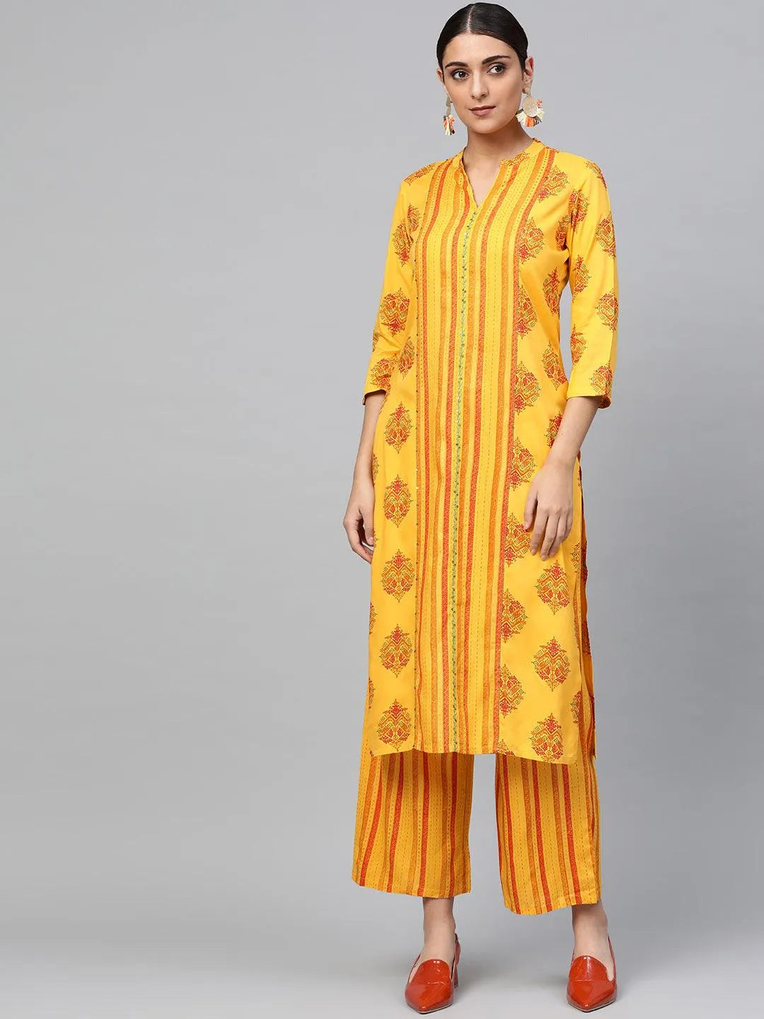 Yellow Printed Rayon Kurta Set - Libas