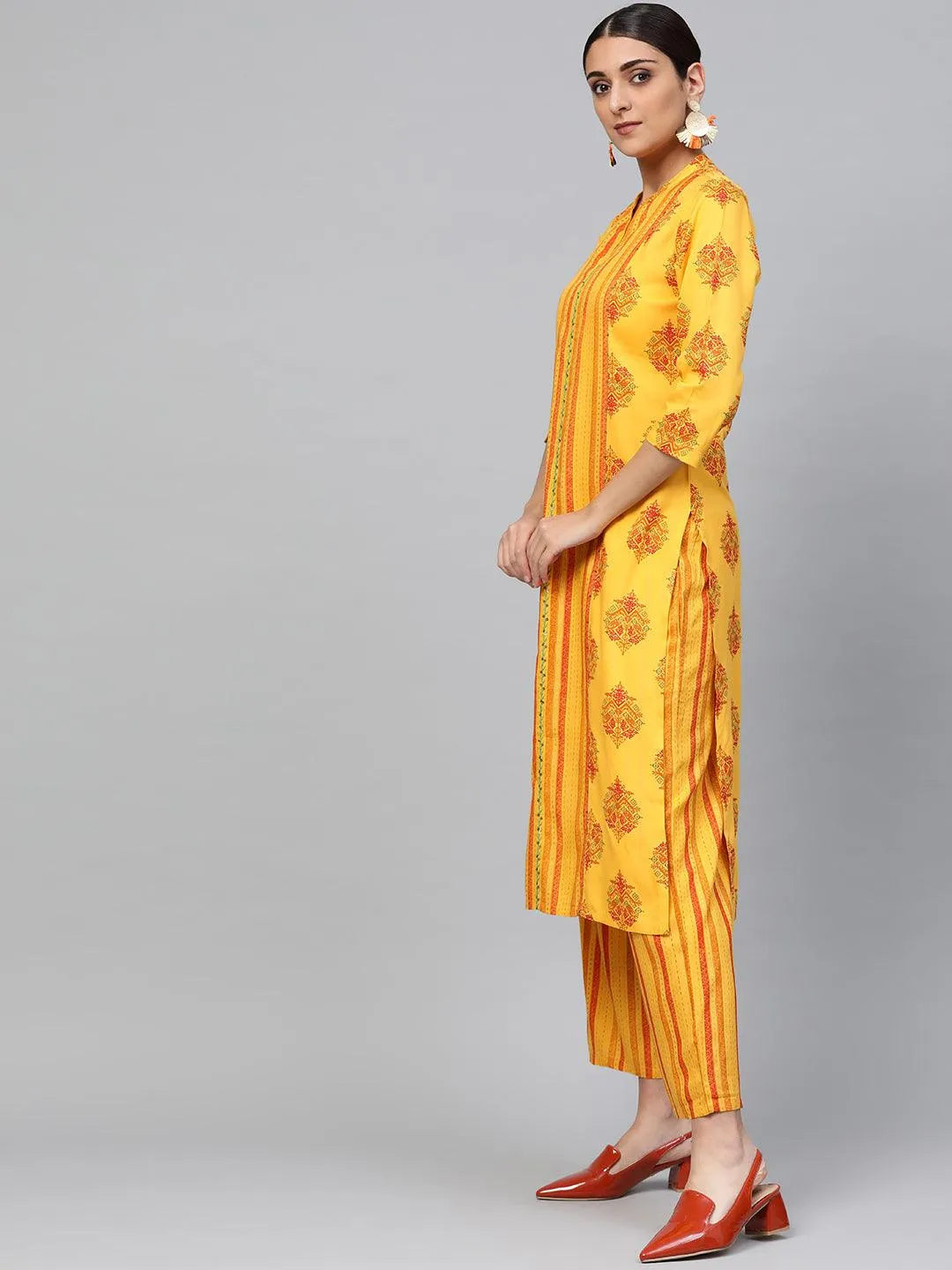 Yellow Printed Rayon Kurta Set - Libas