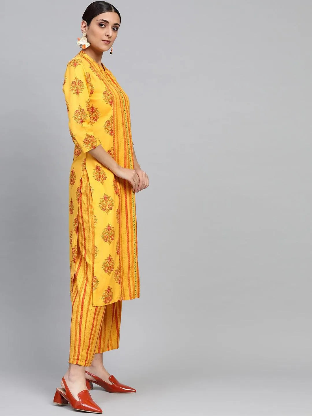 Yellow Printed Rayon Kurta Set - Libas