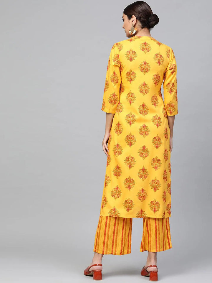 Yellow Printed Rayon Kurta Set - Libas