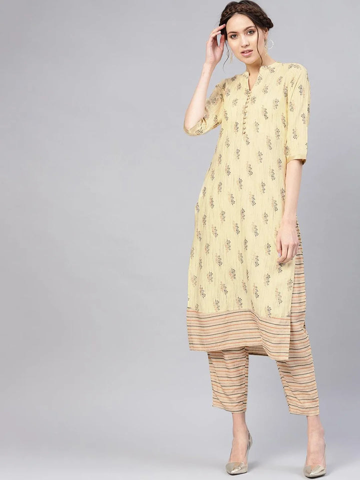 Yellow Printed Rayon Kurta Set - Libas