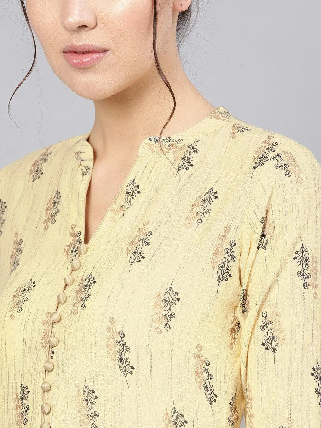 Yellow Printed Rayon Kurta Set - Libas