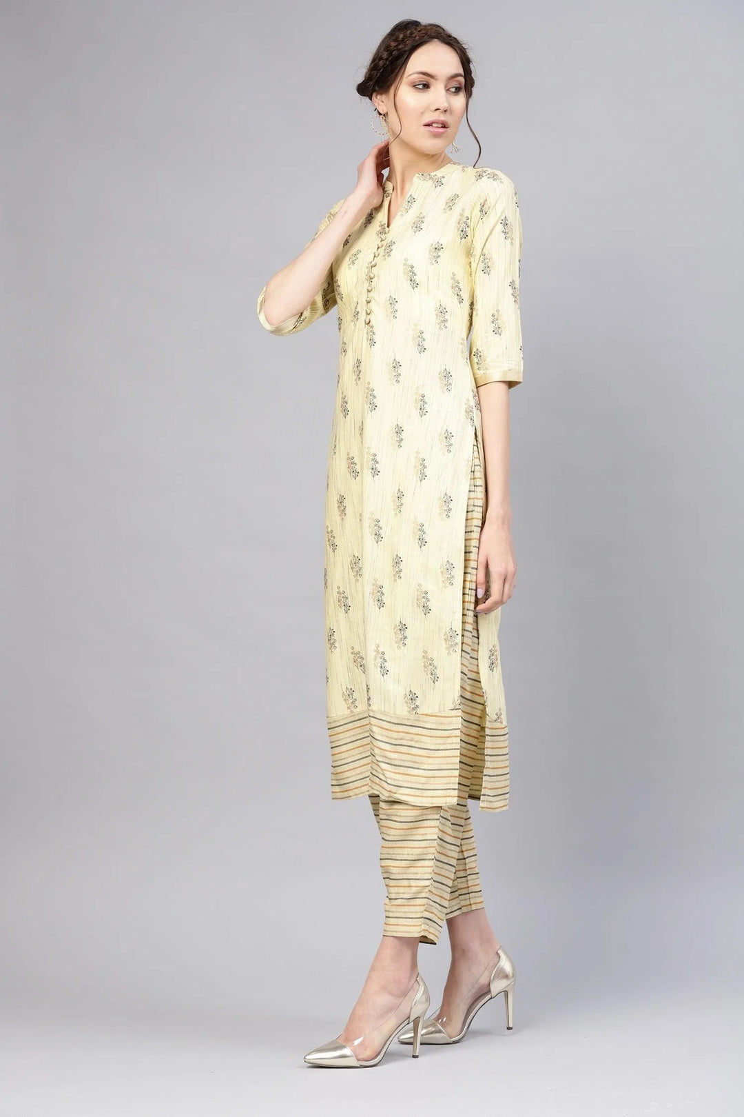 Yellow Printed Rayon Kurta Set - Libas