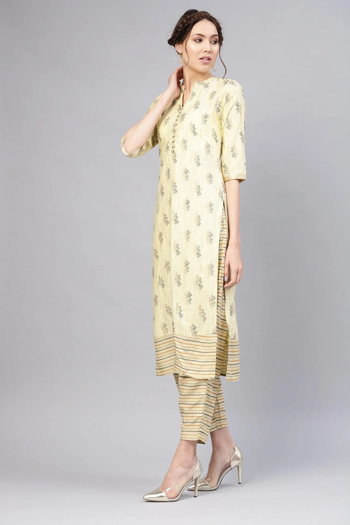 Yellow Printed Rayon Kurta Set - Libas