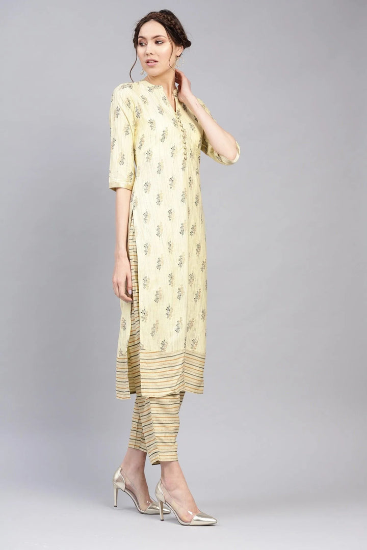 Yellow Printed Rayon Kurta Set - Libas