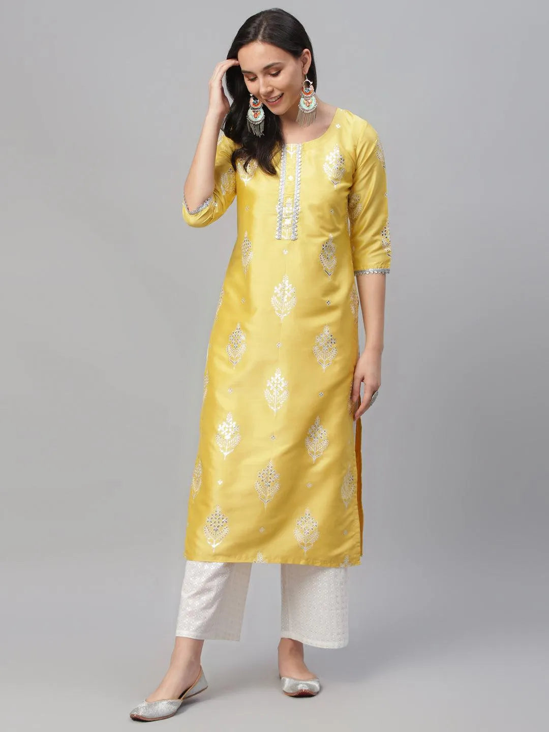 Yellow Printed Shantoon Kurta - Libas 