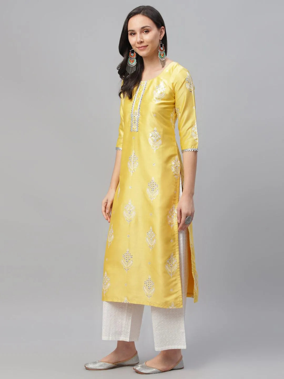 Yellow Printed Shantoon Kurta - Libas 