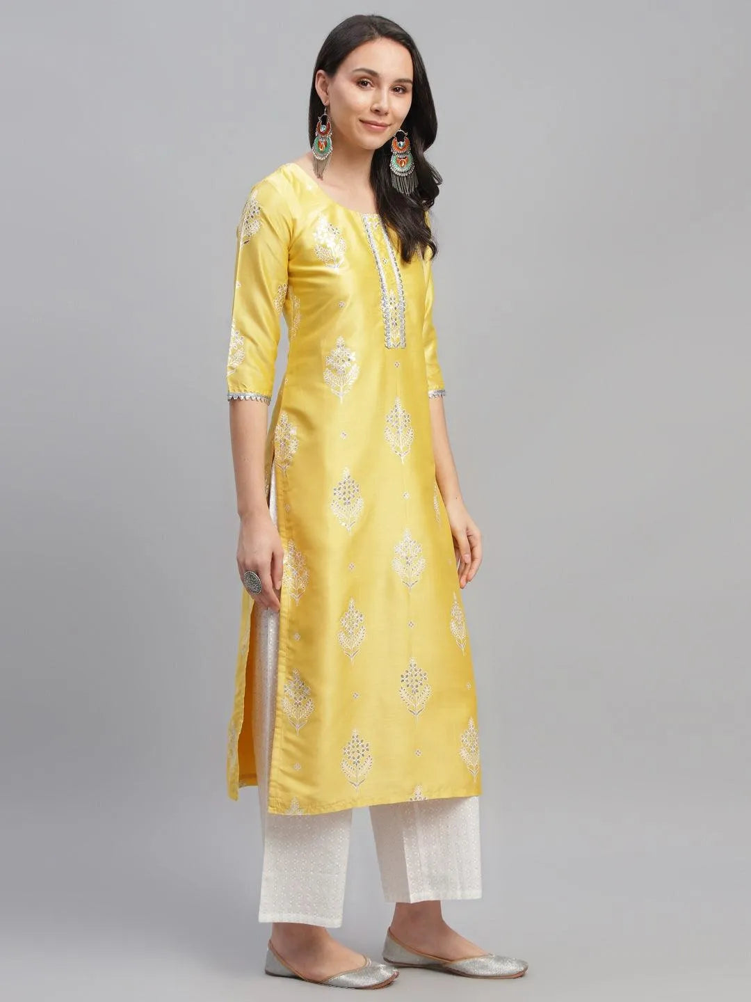 Yellow Printed Shantoon Kurta - Libas 