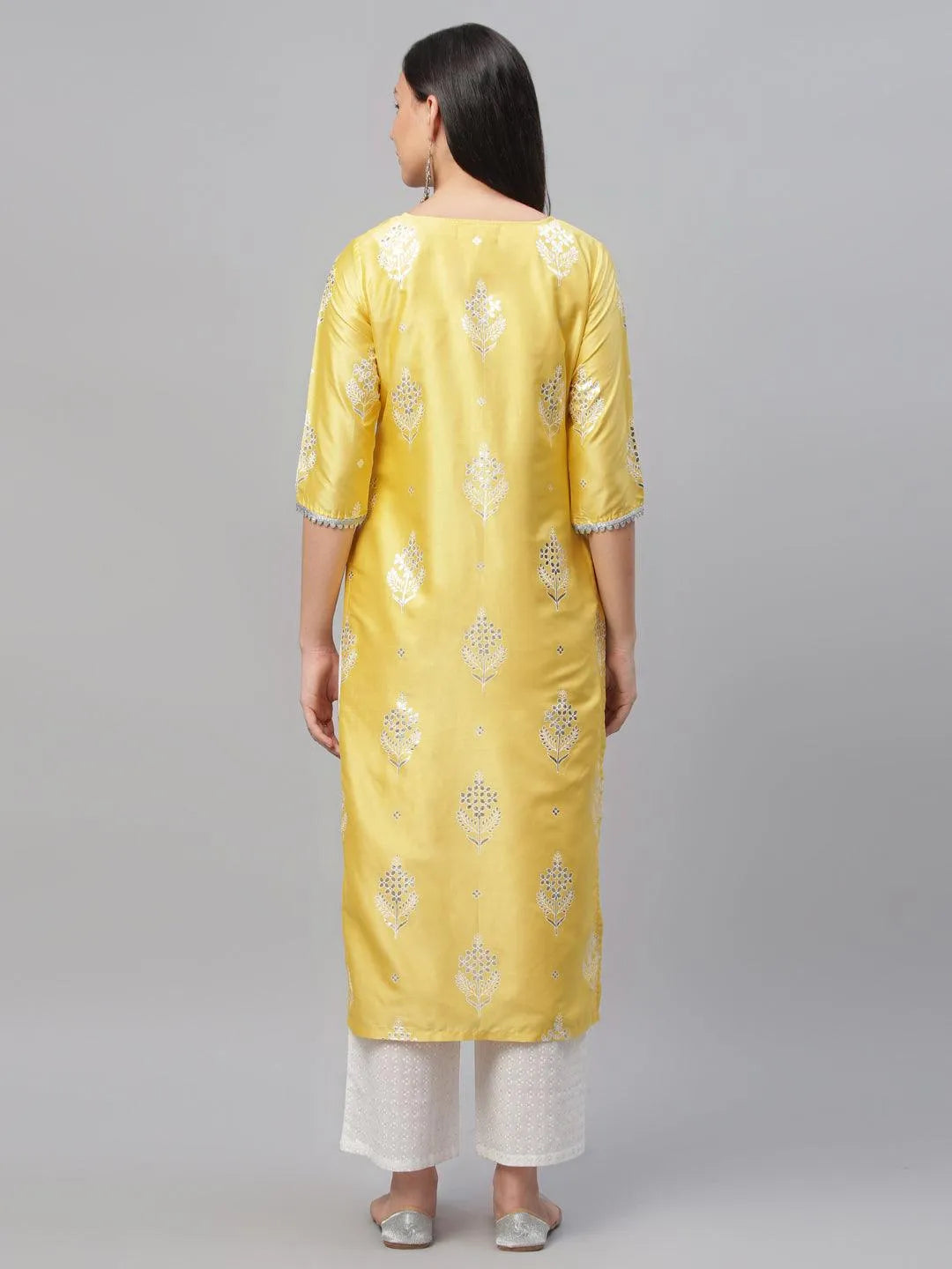 Yellow Printed Shantoon Kurta - Libas 