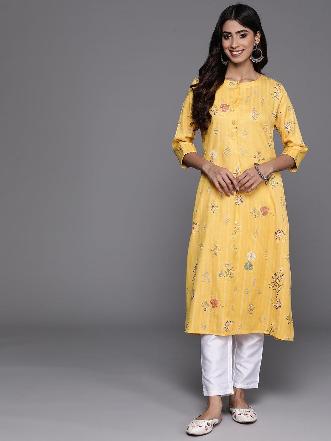 Yellow Printed Silk A-Line Kurta - Libas 