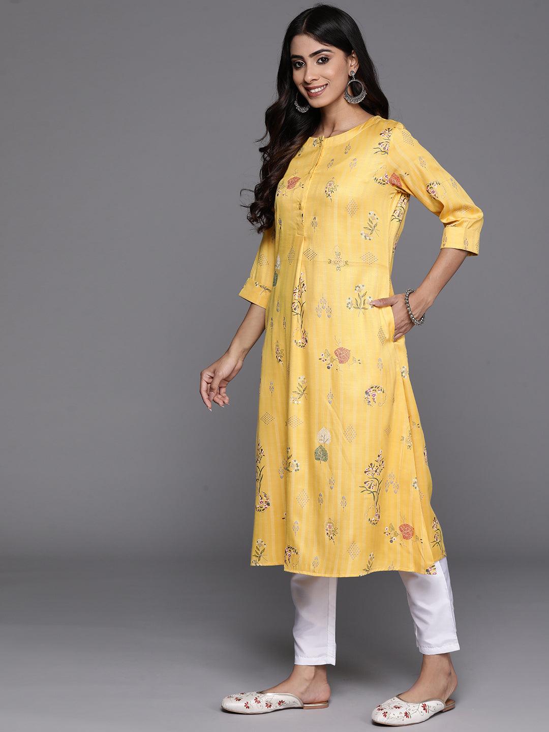 Yellow Printed Silk A-Line Kurta - Libas