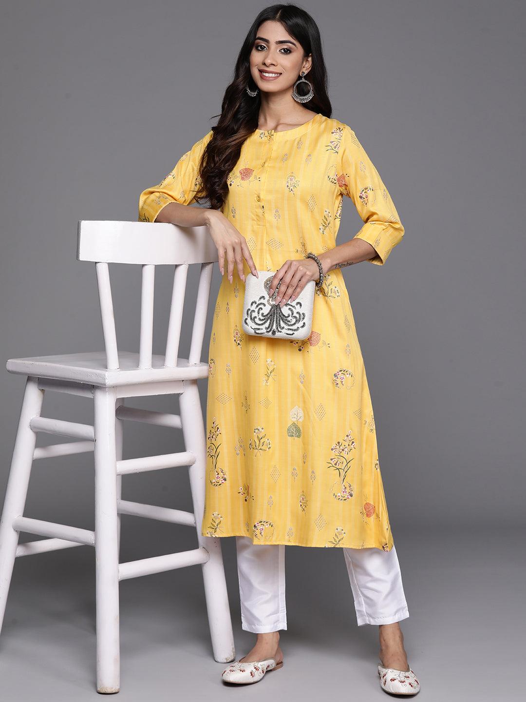 Yellow Printed Silk A-Line Kurta - Libas 