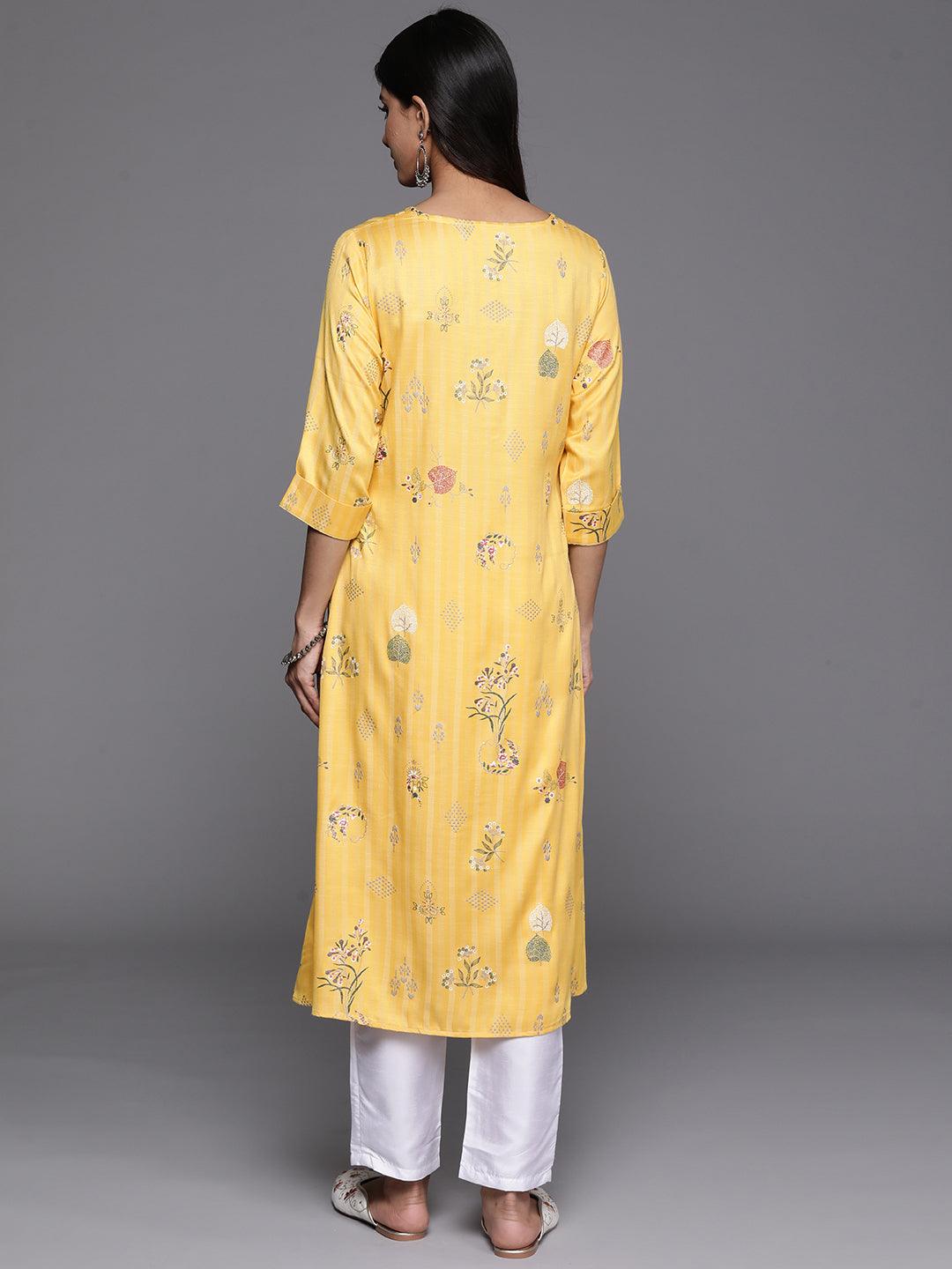 Yellow Printed Silk A-Line Kurta - Libas 