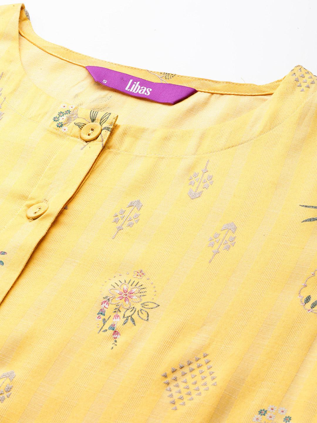 Yellow Printed Silk A-Line Kurta - Libas 