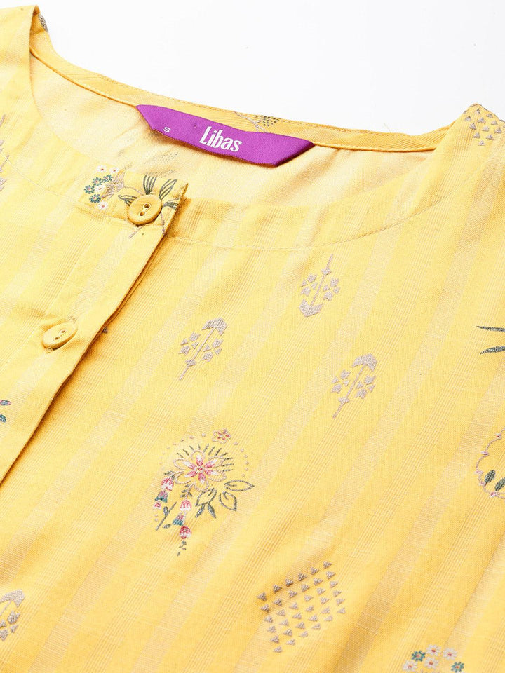 Yellow Printed Silk A-Line Kurta - Libas