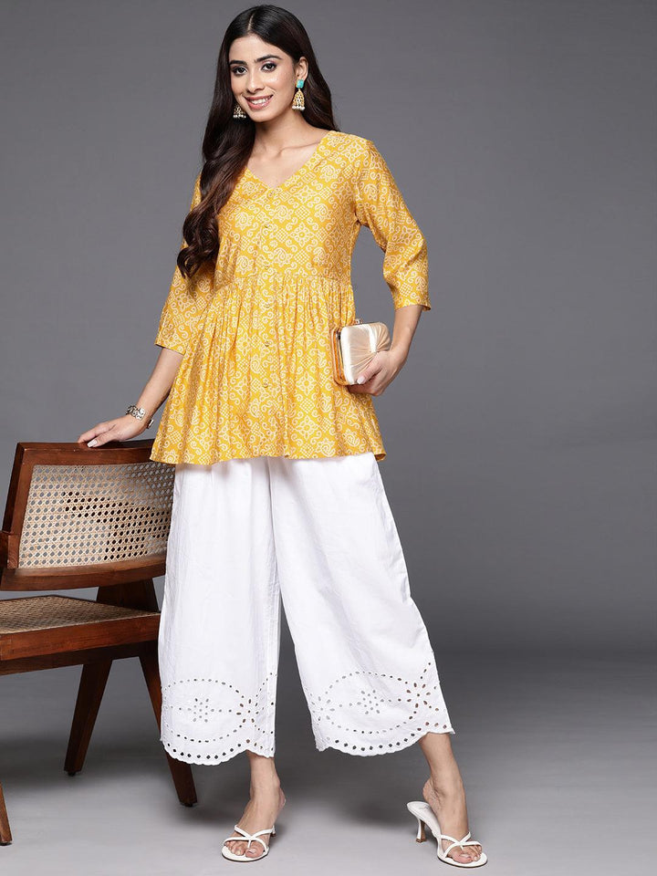 Yellow Printed Silk Blend A-Line Kurti - Libas