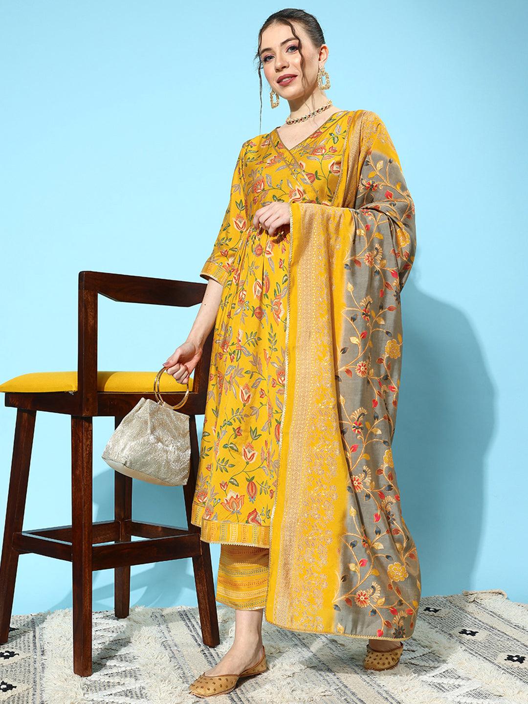 Yellow Printed Silk Blend Anarkali Kurta With Trousers & Dupatta - Libas