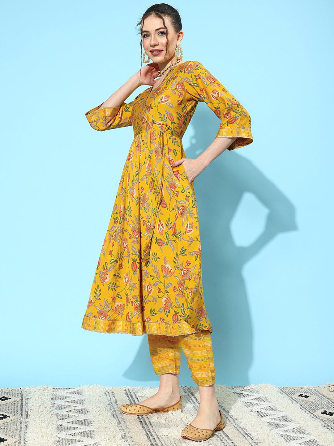 Yellow Printed Silk Blend Anarkali Kurta With Trousers & Dupatta - Libas 