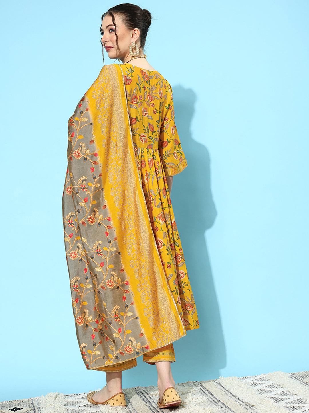 Yellow Printed Silk Blend Anarkali Kurta With Trousers & Dupatta - Libas 